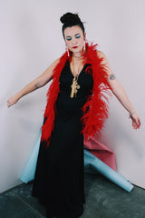 Women's vintage 1980's long ankle length sleeveless black polyester dress with a strappy cut out back