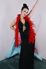 Women's vintage 1980's long ankle length sleeveless black polyester dress with a strappy cut out back