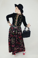 long sleeve maxi dress in black velvet and floral print vintage 1970's