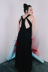 Women's vintage 1980's long ankle length sleeveless black polyester dress with a strappy cut out back