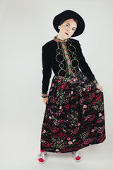 long sleeve maxi dress in black velvet and floral print vintage 1970's