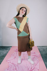 knitted sleeveless sweater and matching pencil skirt set in brown with green and yellow geometric pattern on top vintage women's 1980's