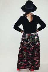 long sleeve maxi dress in black velvet and floral print vintage 1970's