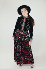 long sleeve maxi dress in black velvet and floral print vintage 1970's