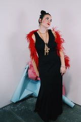 Women's vintage 1980's long ankle length sleeveless black polyester dress with a strappy cut out back