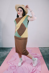 knitted sleeveless sweater and matching pencil skirt set in brown with green and yellow geometric pattern on top vintage women's 1980's