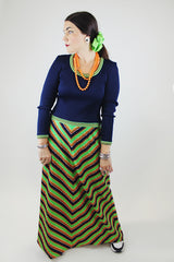 twofer long sleeve maxi dress polyester navy top part with green striped skirt vintage 1970's