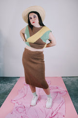 knitted sleeveless sweater and matching pencil skirt set in brown with green and yellow geometric pattern on top vintage women's 1980's