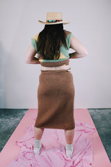 knitted sleeveless sweater and matching pencil skirt set in brown with green and yellow geometric pattern on top vintage women's 1980's