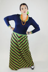 twofer long sleeve maxi dress polyester navy top part with green striped skirt vintage 1970's