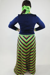 twofer long sleeve maxi dress polyester navy top part with green striped skirt vintage 1970's