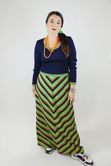 twofer long sleeve maxi dress polyester navy top part with green striped skirt vintage 1970's