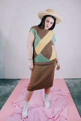 knitted sleeveless sweater and matching pencil skirt set in brown with green and yellow geometric pattern on top vintage women's 1980's