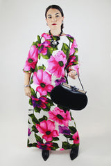 cut out sleeve maxi length floral print cotton dress vintage 1960's
