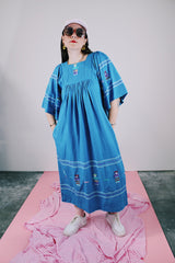 blue cotton ankle length dress short sleeves with embroidery throughout