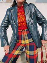 long sleeve navy leather two button closure blazer vintage 1970's