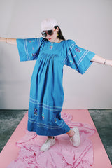 blue cotton ankle length dress short sleeves with embroidery throughout