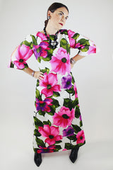 cut out sleeve maxi length floral print cotton dress vintage 1960's