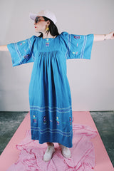 blue cotton ankle length dress short sleeves with embroidery throughout