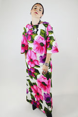 cut out sleeve maxi length floral print cotton dress vintage 1960's