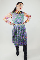 sleeveless floral print midi length dress polyester material vintage 1960's