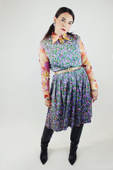 long sleeve button up sheer floral print blouse with collar vintage 1970's