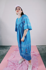 blue cotton ankle length dress short sleeves with embroidery throughout