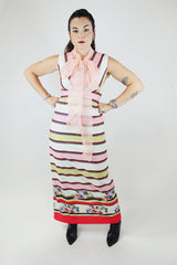 sleeveless maxi dress white stripe print v neck polyester 1970's vintage