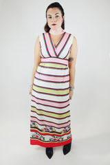 sleeveless maxi dress white stripe print v neck polyester 1970's vintage