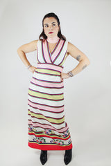 sleeveless maxi dress white stripe print v neck polyester 1970's vintage