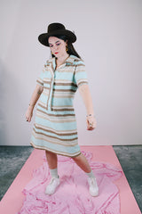blue and brown striped shirt dress with half button closure vintage 1960's