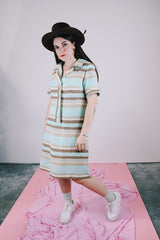 blue and brown striped shirt dress with half button closure vintage 1960's