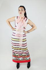 sleeveless maxi dress white stripe print v neck polyester 1970's vintage