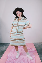 blue and brown striped shirt dress with half button closure vintage 1960's