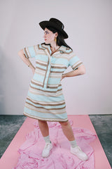 blue and brown striped shirt dress with half button closure vintage 1960's