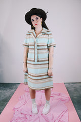 blue and brown striped shirt dress with half button closure vintage 1960's
