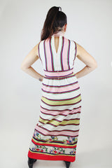 sleeveless maxi dress white stripe print v neck polyester 1970's vintage