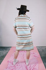 blue and brown striped shirt dress with half button closure vintage 1960's