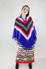blue with stripes acrylic poncho fringe trim with collar vintage 1970's