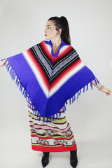 blue with stripes acrylic poncho fringe trim with collar vintage 1970's