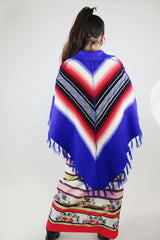blue with stripes acrylic poncho fringe trim with collar vintage 1970's