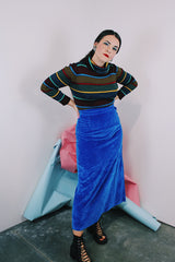 Women's vintage 1970's vibrant cobalt blue velvet midi skirt with a two button and zipper side closure