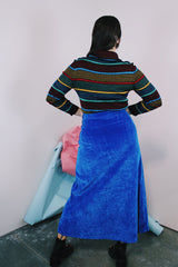 Women's vintage 1970's vibrant cobalt blue velvet midi skirt with a two button and zipper side closure