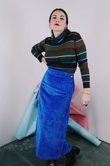 Women's vintage 1970's vibrant cobalt blue velvet midi skirt with a two button and zipper side closure