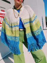 cream green and blue acrylic knit poncho with fringe trim 1970's vintage women's