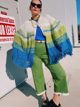 cream green and blue acrylic knit poncho with fringe trim 1970's vintage women's