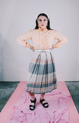 grey peach and baby blue striped wool midi length skirt with pleats vintage 1970's