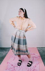 grey peach and baby blue striped wool midi length skirt with pleats vintage 1970's