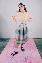 grey peach and baby blue striped wool midi length skirt with pleats vintage 1970's