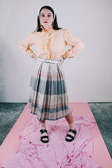 grey peach and baby blue striped wool midi length skirt with pleats vintage 1970's